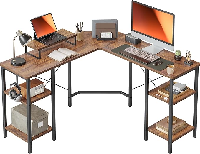 BANTI L Shaped Desk with Shleves, 50.4 inch Large Corner Desk with Two Storage, Space Saving, Easy to Assemble, Brown