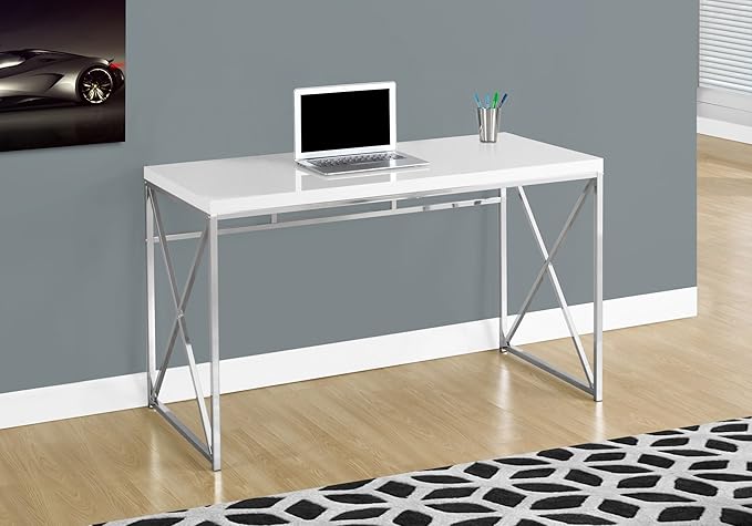 Monarch Specialties 7205 Computer Desk, Home Office, Laptop, Work, Laminate, Contemporary, Modern Desk-48 L Glossy White Chrome Metal, 47.25" L x 23.75" W x 29.75" H