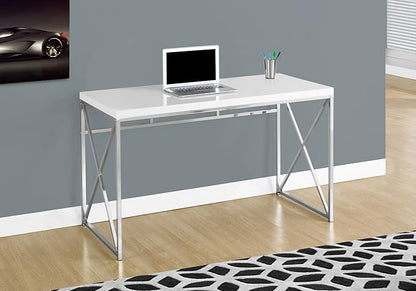 Monarch Specialties 7205 Computer Desk, Home Office, Laptop, Work, Laminate, Contemporary, Modern Desk-48 L Glossy White Chrome Metal, 47.25" L x 23.75" W x 29.75" H