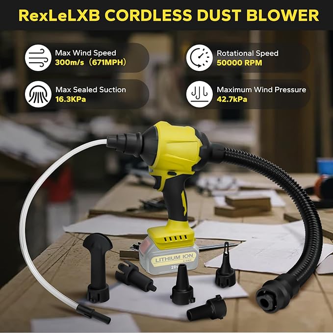 Cordless Dust Blower for Dewalt 20V Max Battery, 2-in-1 Blower & Vacuum, Handheld Blower HighSpeed Motor Air Compressed Duster w/ 671 MPH & 7 Nozzles for Sawmill Room, Home Cleaning（No Battery ）