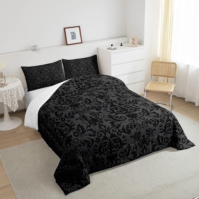 Erosebridal Adults Black Damask Bedding Set Antique Victorian Baroque Down Comforter Full Gothic Vintage Floral Comforter Set Bohemian Exotic Bedding Quilted Bedroom Decor 2 Pillow Cases