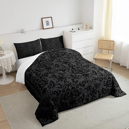 Erosebridal Adults Black Damask Bedding Set Antique Victorian Baroque Down Comforter Full Gothic Vintage Floral Comforter Set Bohemian Exotic Bedding Quilted Bedroom Decor 2 Pillow Cases
