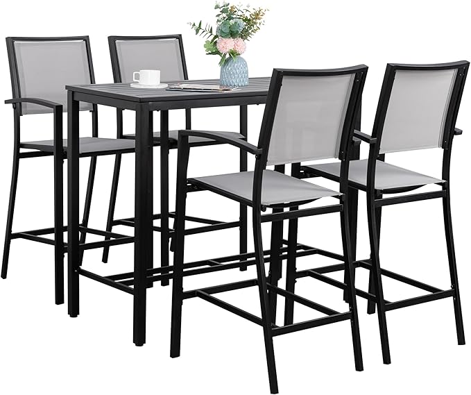 Shintenchi Patio Dining Sets, All Weather Textile Fabric Outdoor High Stool Bistro Set with 4 Bar Chairs and High Glass Table for Home, Backyard, Garden, Lawn, Porch, 5 Pieces