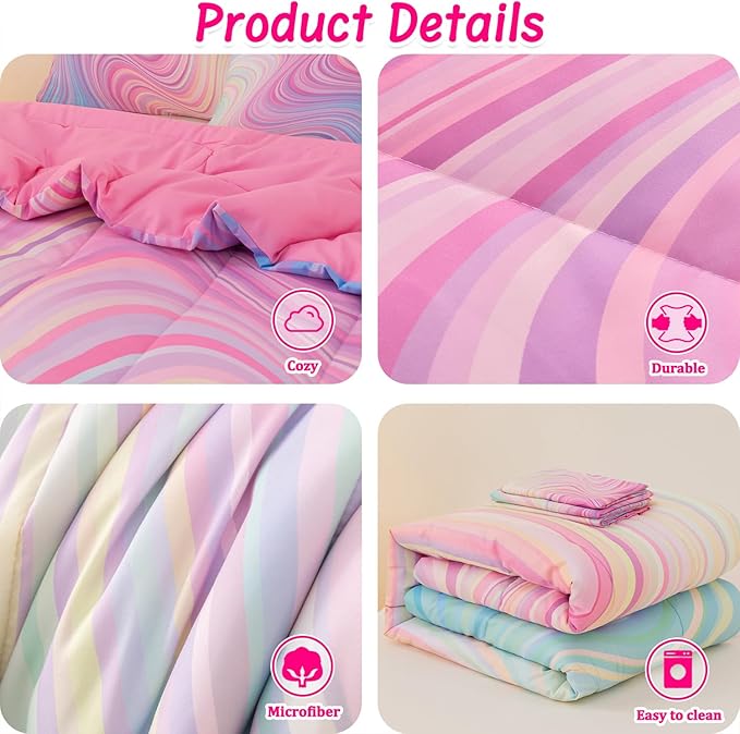 4 Pcs Pink Twin Comforter Set for Girls, Tie Dye Superior Kids Teen Bedding Sets, Blue Pink Rainbow Twin Size Bedding Set for Girls