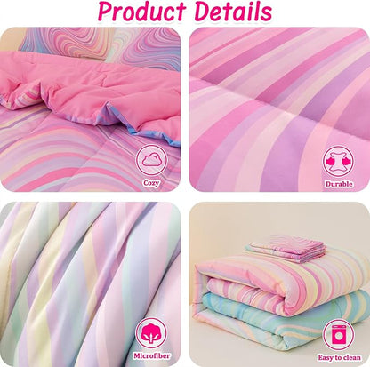 4 Pcs Pink Full Comforter Set for Girls, Tie Dye Superior Kids Teen Bedding Sets, Blue Pink Rainbow Full Size Bedding Set for Girls