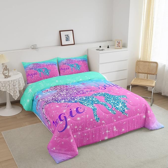 Erosebridal Pink Blue Gradient Bedding Set,Girls Fantasy Sequins Unicorn Duvet Insert for Kids Teens Women,Glitter Starry Sky Starlight Comforter Set for Room Decor,Soft Full Size with 2 Pillow Shams