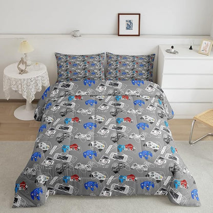 Erosebridal Gaming Comforter Set for Boys Video Games Gamer Bedding King Size Teens Kids Games Room Decor Reversible Quilt for All Season Home Decoration Cool Gamepad Print Down Comforter, Grey White