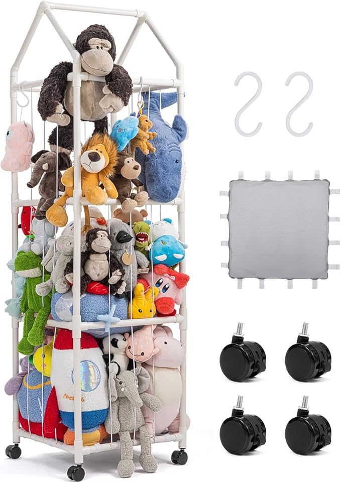 Stuffed Animal Zoo Storage, Extra Large Stuffed Animal Holder with Dust Cloth and Universal Wheels, Toy Storage Organizer, Plush Storage Organizer Shelf for Birthday Gift, Nursery Play Room Bedroom