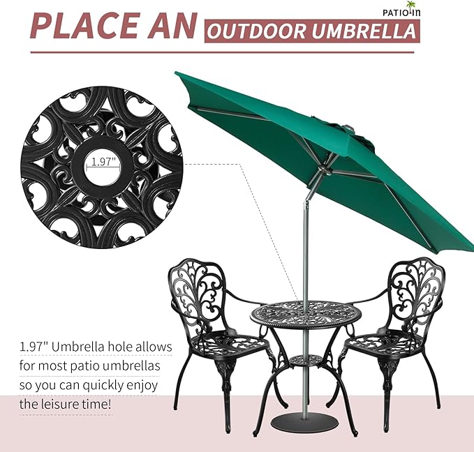 Bistro Table and Chairs Set of 2, Cast Aluminum Patio Furniture, Outdoor Bistro Set 3 Piece with Umbrella Hole for Balcony Porch Yard
