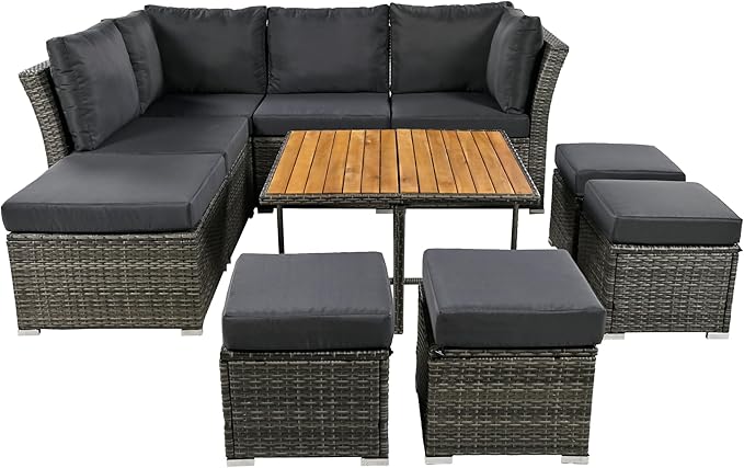 9 Pieces Outdoor Furniture All Weather Patio Sectional Sofa PE Wicker Modular Conversation Sets with Coffee Table and Storage Ottoman, Onesize, Ze-Black