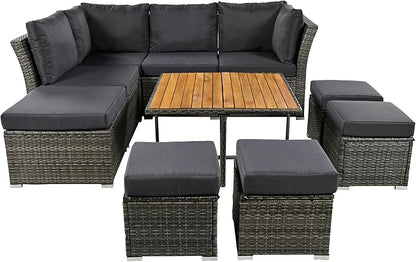 9 Pieces Outdoor Furniture All Weather Patio Sectional Sofa PE Wicker Modular Conversation Sets with Coffee Table and Storage Ottoman, Onesize, Ze-Black
