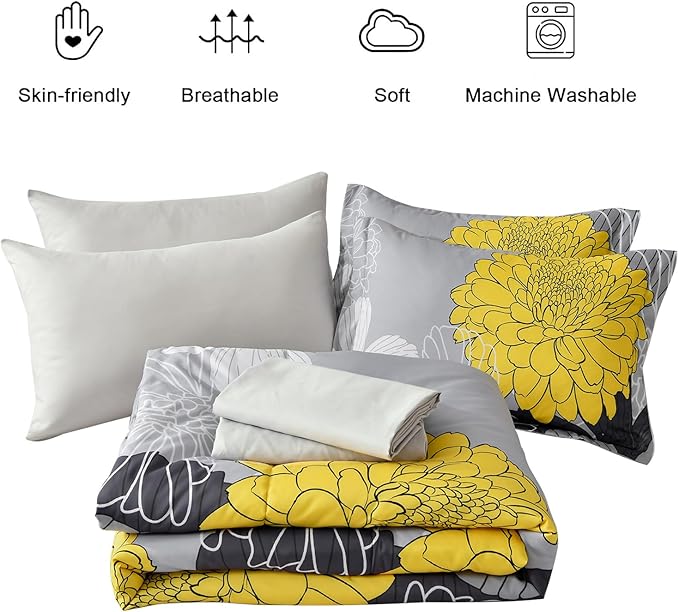 7 Pieces Bed in a Bag Comforter Set Yellow Floral Comforter Flowers Soft Microfiber Bedding Set King Size (1 Comforter 1 Flat Sheet 1 Fitted Sheet 2 Pillowshams 2 Pillowcases)