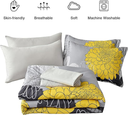 7 Pieces Bed in a Bag Yellow Floral Comforter Set Flowers Comforter Sets Soft Microfiber Bedding Set Queen Size (1 Comforter 1 Flat Sheet 1 Fitted Sheet 2 Pillowshams 2 Pillowcases)