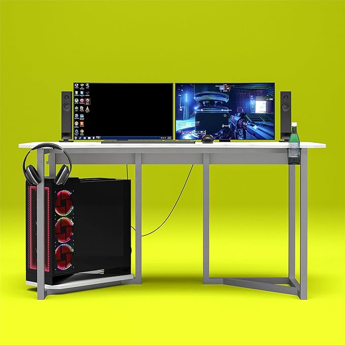 Quest Gaming Desk with CPU Stand, White