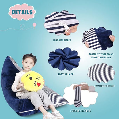 Stuffed Animal Storage Bean Bag Chair Cover, Velvet Canvas Blue Denim Plush Toy Storage Stuff and Sit Seat for Kids/Teens/Adults, 52" x 31" Extra Large Triangle Sofa, 200L/52Gal, Cover Only