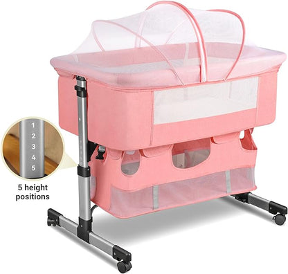 Baby Crib,3 in 1 Bedside Crib Adjustable Portable Bed for Infant,Baby Bassinet Baby Newborn Must Have Bed,Pink