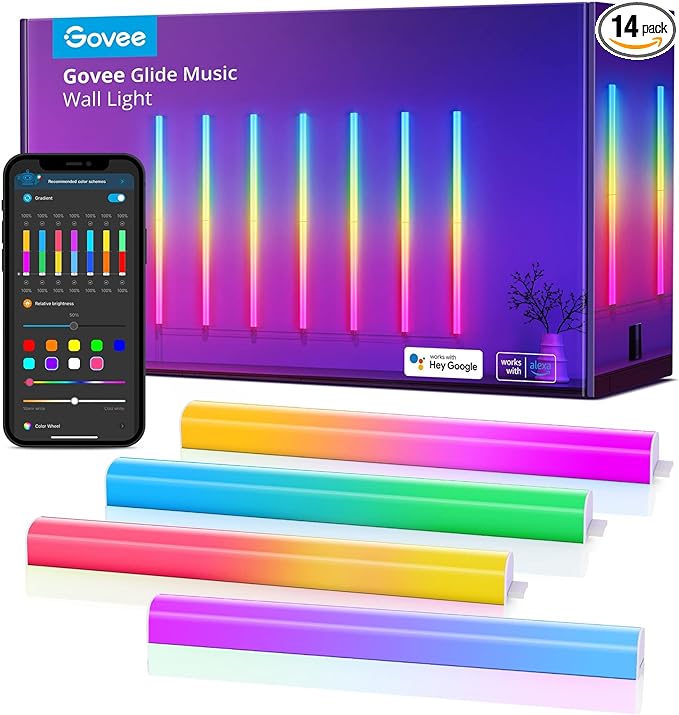 Govee Glide RGBIC Wall Lights, Music Wall Lights Works with Alexa and Google Assistant, Smart LED Light Bars for Bedroom, Living Room, Gaming Room, Party, Music Sync, 7 Panels Set (2 Sections/Panel)