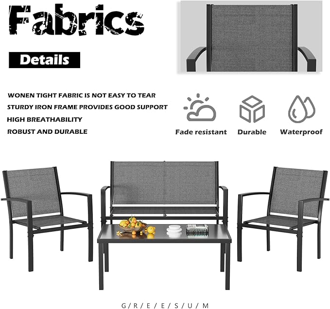Greesum 4 Pieces Patio Furniture Set, Outdoor Conversation Sets for Patio, Lawn, Garden, Poolside with A Glass Coffee Table, Gray