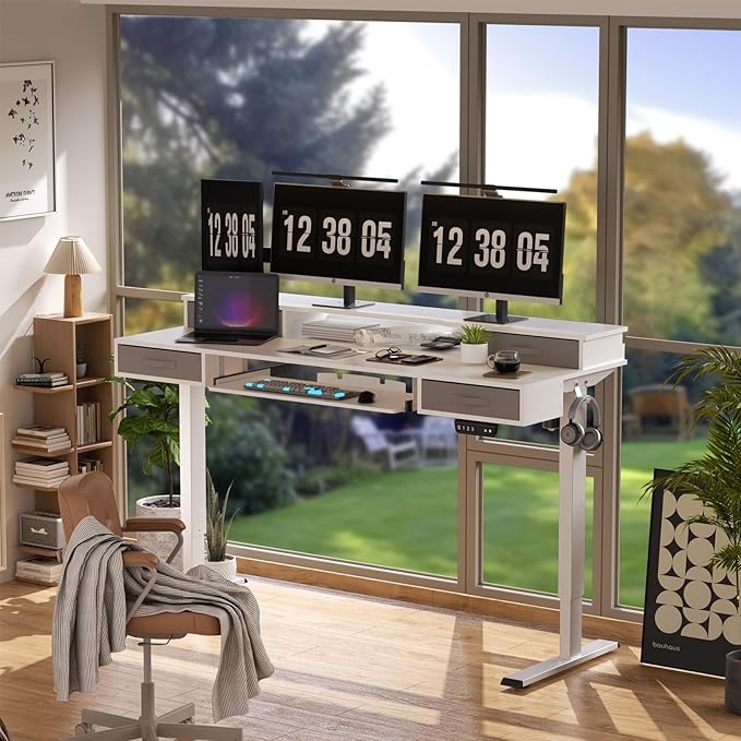 Electric Standing Desk, Multifunctional Standing Desk Adjustable Height, 63 * 24 Standing Desk with 4 Drawers, Ergonomic Adjustable Standing Desk with Keyboard Tray, Snow White