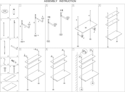 MAIKAILUN White and Gold Desk, 36" Ladder Desk, Wall Mount Computer Writing Table Pipe Shelf Shelving Mini Narrow Industrial Modern for Small Spaces(36x20x81)