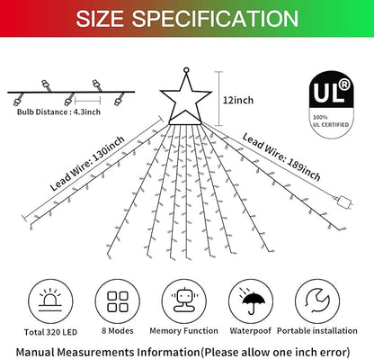 PUHONG Christmas Decoration Outdoor Star String Lights,320 LED Christmas Lights[8 Modes & Waterproof], Lighted Christmas Star for Halloween Xmas New Year Holiday (IronStar-Red+Green)