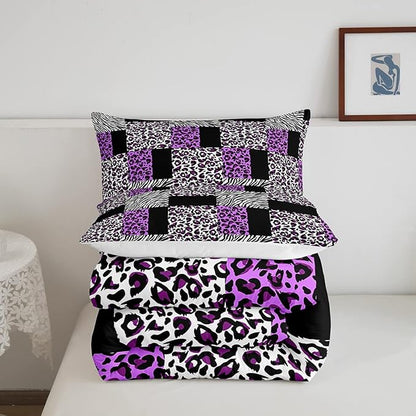 Erosebridal Girls Leopard Full Size Bedding Set Patchwork Black Purple Cheetah Print Comforter Set Women Black White Zebra Comforter Kids Wildlife Animal Bedding Quilt Soft Lightweight 2 Pillowcases