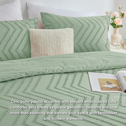 CozyLux Full Size Comforter Set Sage Green - 3 Pieces Boho Tufted Shabby Chic Bedding Comforter Set for All Seasons, Chevron Bedding Sets with Comforter & 2 Pillow Shams