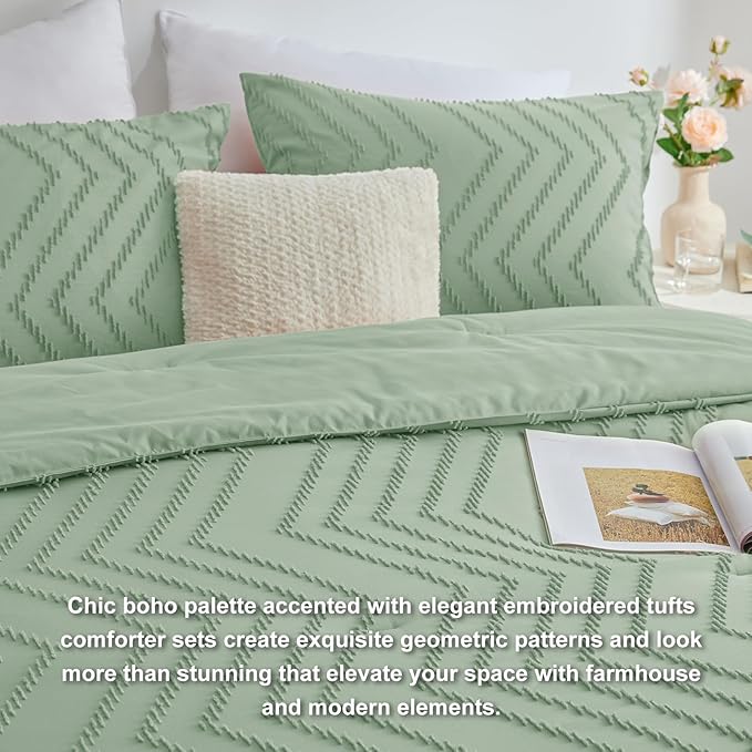 CozyLux King Size Comforter Set Sage Green - 3 Pieces Boho Tufted Shabby Chic Bedding Comforter Set for All Seasons, Chevron Bedding Sets with Comforter & 2 Pillow Shams