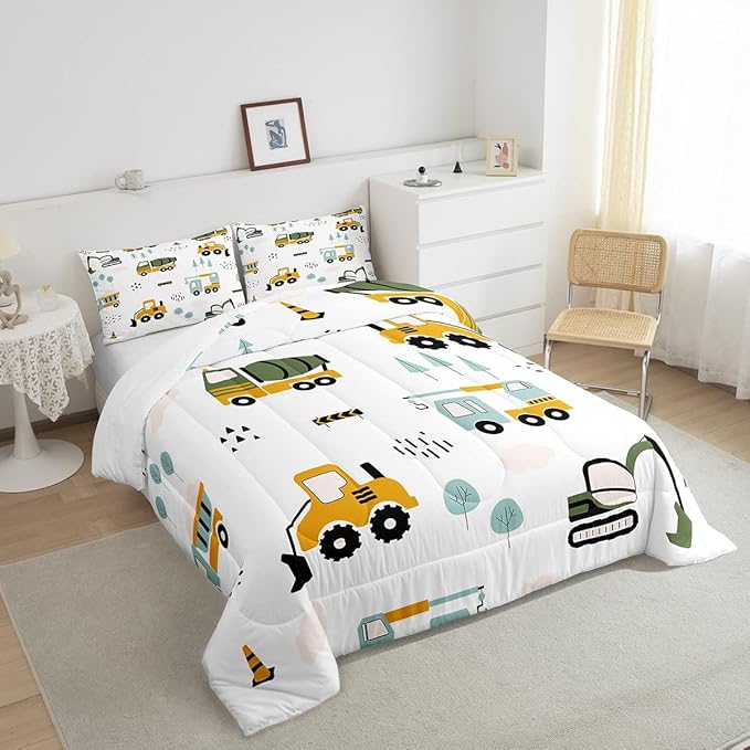 Feelyou Excavator Kids Comforter Construction Trucks Comforter Set for Boys Teens Heavy Vehicles Decor Bedding Set Cartoon Cars Green Orange Quilt Set with 2 Pillowcases 3Pcs Bedding King