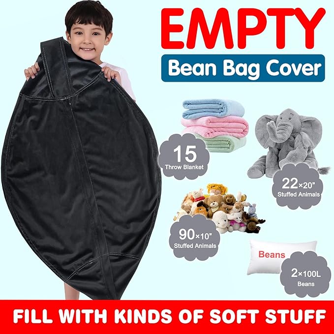 Lukeight Stuffed Animal Storage Bean Bag Chair Cover for Kids, Zipper Beanbag Chair Cover for Organizing Toddler & Kids' Rooms Plush Toys (Black, X-Large)