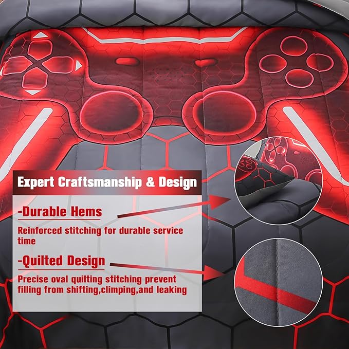 JQinHome Twin Gamer Comforter Set for Boys Girls Kids,6 Piece Bed in A Bag 3D Video Game Bedding -All Season Soft Microfiber Down Alternative Comforter Gamer Bedding Sets with Sheets （Red）