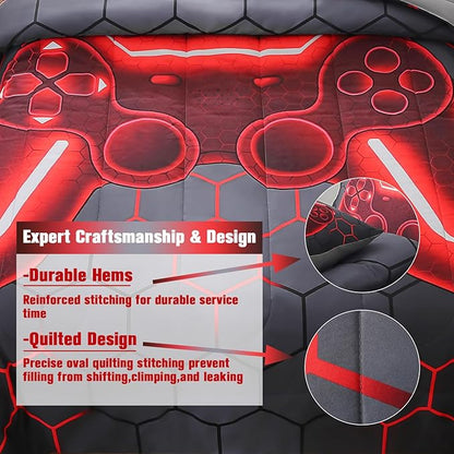JQinHome Twin Gamer Comforter Set for Boys Girls Kids,6 Piece Bed in A Bag 3D Video Game Bedding -All Season Soft Microfiber Down Alternative Comforter Gamer Bedding Sets with Sheets （Red）