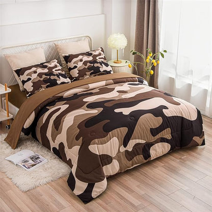 Meeting Story Camouflage Bedding Set, Colorful Pattern Style Comforter Set, 5 PCS One Comforter Two Pillowcases Two Sheets in One Bag, All Season Bedspread for Teens Adults (Coffee, Twin 5Pcs)