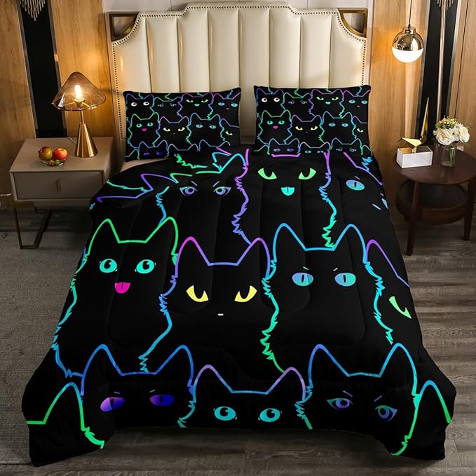 Erosebridal Cute Cat Kids Comforter Neon Rainbow Line Cat Twin Bedding Set for Girls Boys Teen Cartoon Kawaii Cats Toddler Bed Set Colorful Animals Quilt Set Reversible Black,1 Pillow Case