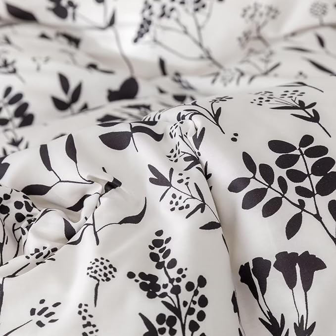 Black Botanical Comforter Set Twin White Black Floral Plant Bedding Comforter Set Girls Garden Pattern Printed on White Blanket Rustic Leaf Blossom Women White Farmhouse Comforter Twin