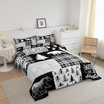 Bear Plaids Comforter Set King Size,Pine Trees Animals Hunting Bedding Set for Kids Boys Girls Adults Room Decor,Adventure Rustic Farmhouse Down Comforter,Black Retro Duvet Insert,2 Pillowcases