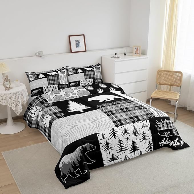 Bear Plaids Comforter Set Full Size,Pine Trees Animals Hunting Bedding Set for Kids Boys Girls Adults Room Decor,Adventure Rustic Farmhouse Down Comforter,Black Retro Duvet Insert,2 Pillowcases