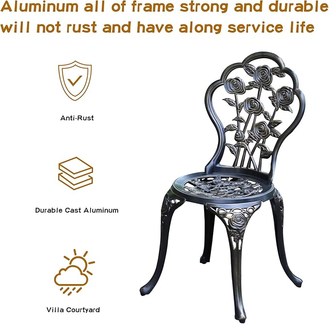 Patio Bistro Set.Rust-Resistant Cast Aluminum Bistro Table Set with Umbrella Hole for Backyard (Rose Copper)