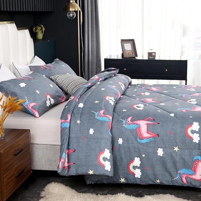 3PCS Gray Unicorn Comforter Set Queen Size, Queen Bed in a Bag Set Cute Bedding, Hotel Luxury, Lightweight Comforter Queen for Boys Girls Toddler Kids and Teens, Queen