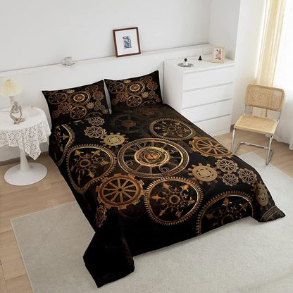 Golden Ndustrial Gear Comforter Set Queen Size Steampunk Style Bedding Set Clocks Theme Bedding Sets & Collections For Kids Boys Teens Men Mechanical Device Quilt Set,Retro Style Bedroom Decor