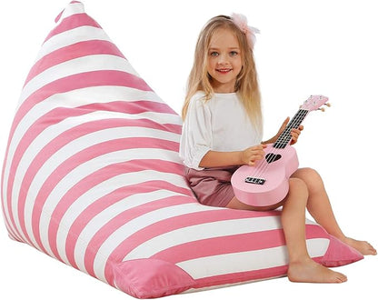 Aubliss Stuffed Animal Storage Bean Bag Chairs Cover, 50"x 35" Extra Large Bean Bags Chair for Kids & Adults, Beanbag Toy Storage for Boys Girls - Premium Cotton Canvas Pink Stripe