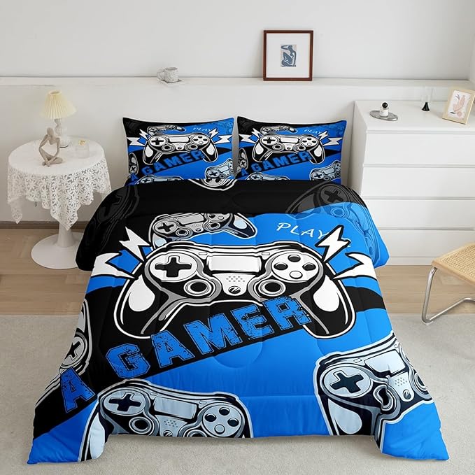 Erosebridal Gaming Bedding Sets for Boys Gamer Comforter Set Queen Size,Video Gaming Bedding Set Game Console Kids Comforter Sets 3Pcs Gamer Room Decor,Blue Black