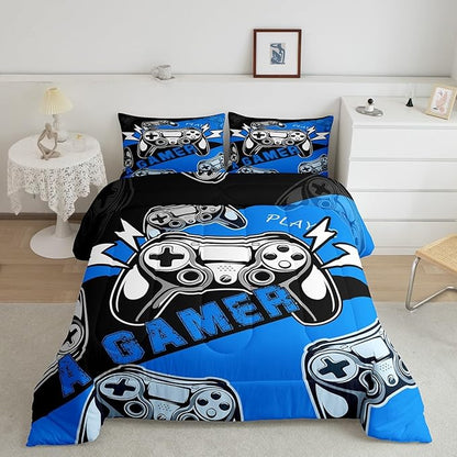Erosebridal Gamer Comforter Sets for Boys Full Size,Gaming Bedding Sets for Boys Kids Teens Gamepad Gaming Comforter Set Game Room Decor,Blue Black 3Pcs