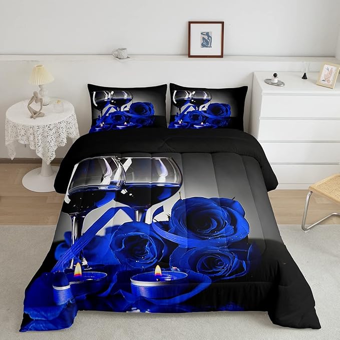 Erosebridal Rose Floral Bedding Set Full 3D Blue Rose Wine Glass Comforter Set for Women Men Adult Romantic Valentine's Day Blossom Quilt Set Banquet Flower Duvet Set, Black Gray Down Comforter