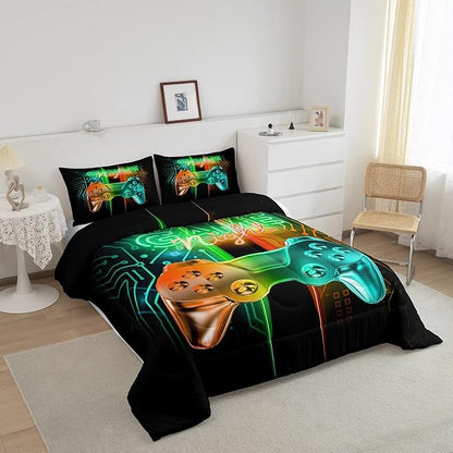 Feelyou Gamer Comforter Kids Gaming Video Game Comforter Set for Boys Teens Noverlty Modern Gamepad Bedding Set Breathable Gamer Console Bedding Duvet Set Bright Orange Green Room Decor Queen Size