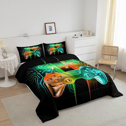 Gamer Comforter Kids Gaming Video Game Comforter Set for Boys Teens Noverlty Modern Gamepad Bedding Set Breathable Gamer Console Bedding Duvet Set Bright Orange Green Room Decor Full Size