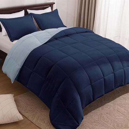 Basic Beyond Queen Comforter Set - Fluffy Comforter Queen Set for All Seasons - Reversible Blue Comforter Set Queen for Mens - 3 Pieces (1 Comforter + 2 Pillow Shams) - Blue/Sapphire