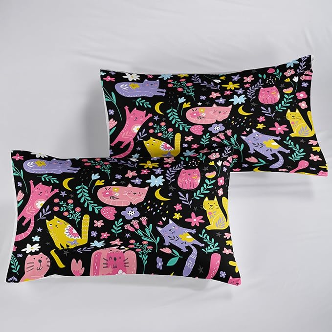 Floral Cat Comforter Full Size,Black Cats Comforter Set for Kids Teens Girls,3Pcs Bedding Set Printed Comforter with 2 Pillowcases,Down Alternative,Soft and Lightweight(Black，Full Size)