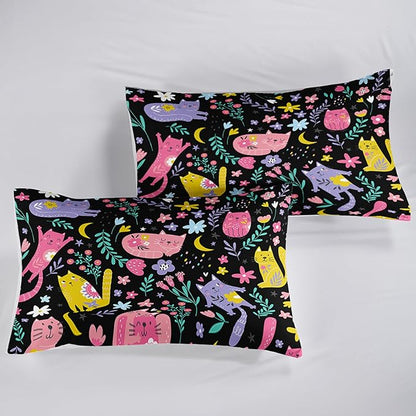 Floral Cat Comforter Full Size,Black Cats Comforter Set for Kids Teens Girls,3Pcs Bedding Set Printed Comforter with 2 Pillowcases,Down Alternative,Soft and Lightweight(Black，Full Size)