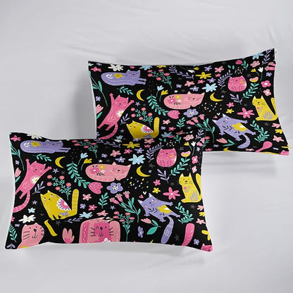 Floral Cat Comforter Queen Size,Black Cats Comforter Set for Kids Teens Girls,3Pcs Bedding Set Printed Comforter with 2 Pillowcases,Down Alternative,Soft and Lightweight(Black，Queen Size)